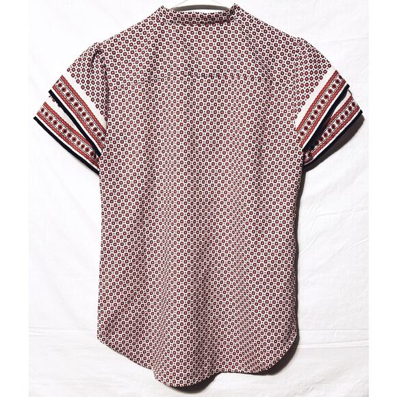Ann Taylor Extra Small XS orange & White Pattern  Short Sleeve Button Up Top - Picture 3 of 4